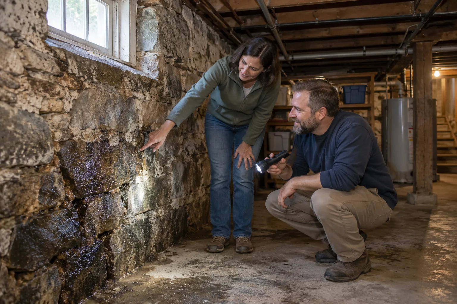 Homeowner looking at a damp basement wall in an older home in Alexandria